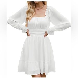 Phortric Womens 2XL Square Neck Tie Back Lantern Sleeve Ruffle Casual Mini Dress